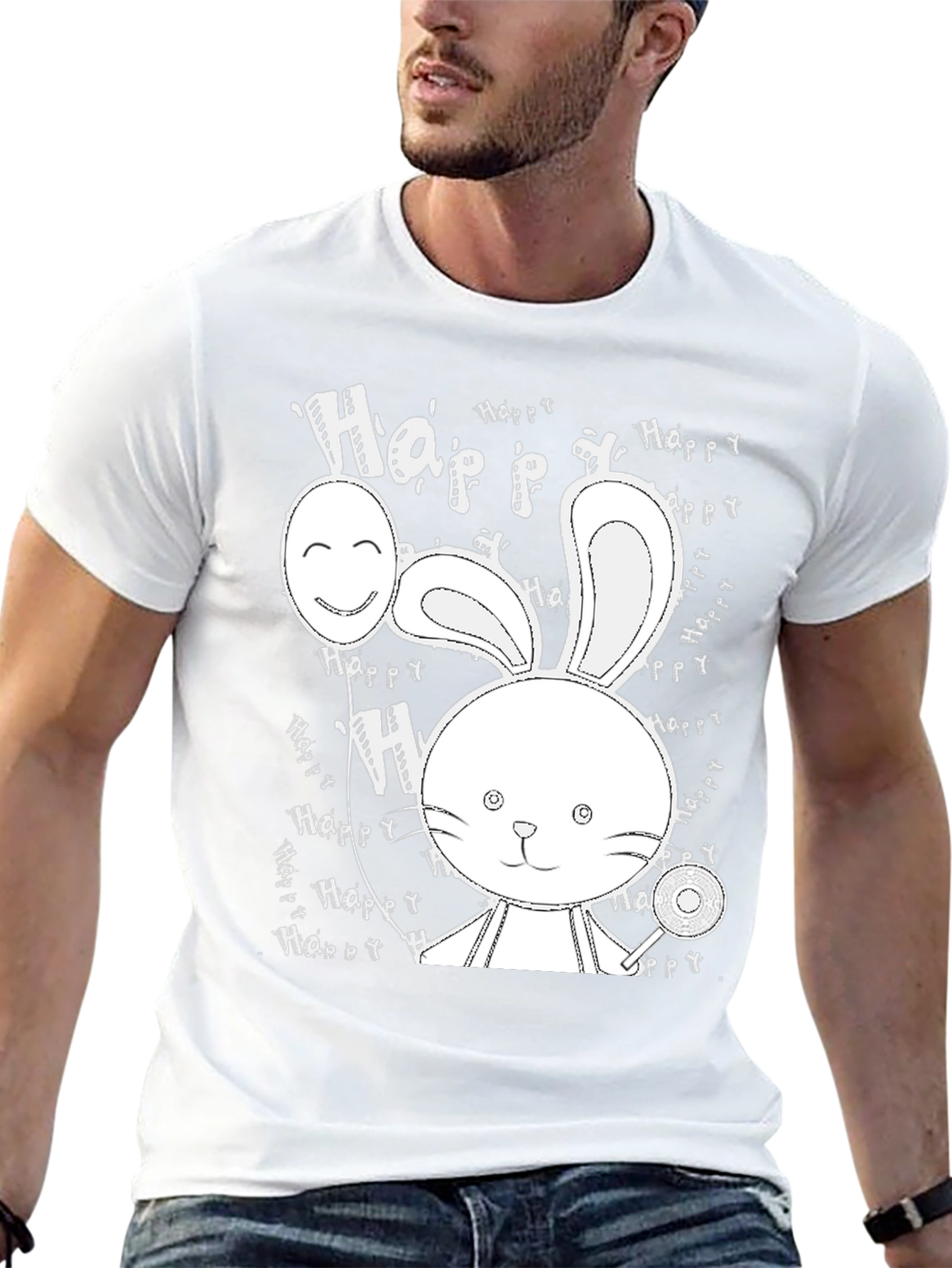 Cute Bunny Print Black T-Shirt