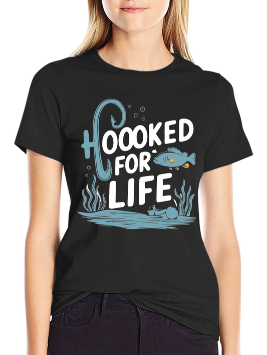 Hooked For Life Fishing Graphic Tee - Black Cotton Shirt