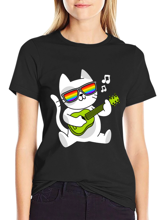 Cool Cat Guitarist Graphic Tee - Black