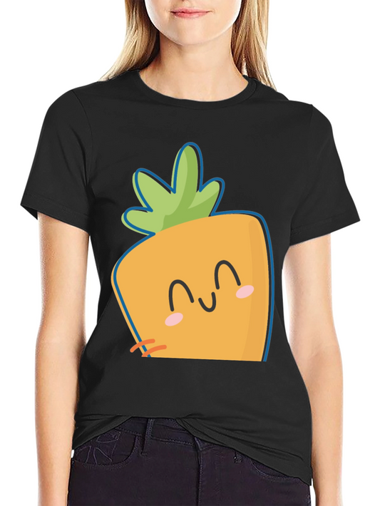 Cute Carrot Face Graphic Tee - Black Cotton Casual Shirt