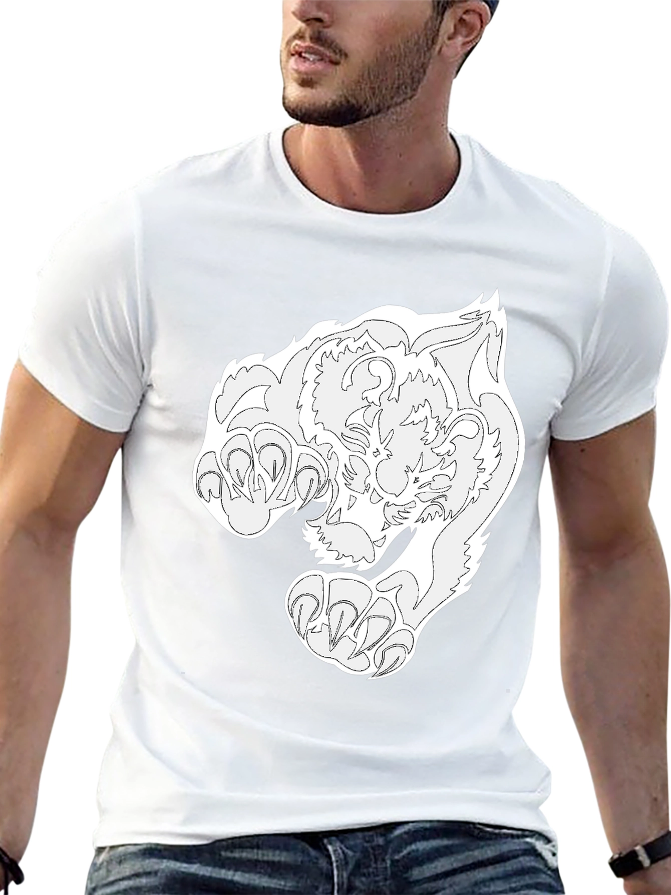 Black T-Shirt with White Tiger Graphic