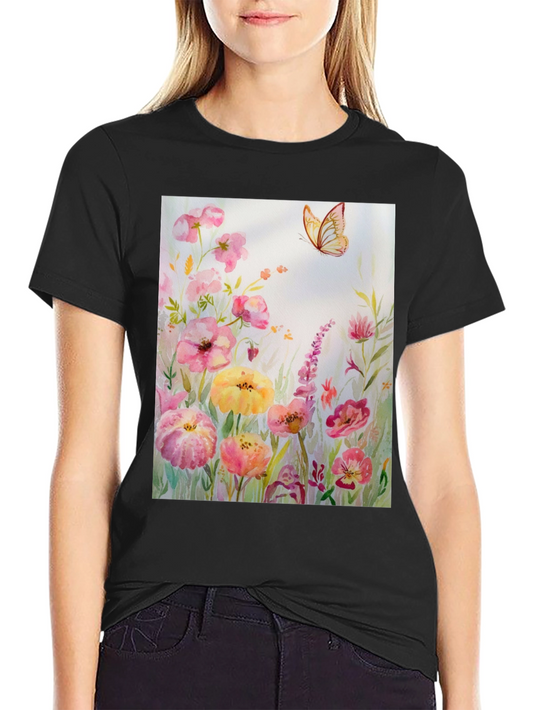 Floral Butterfly Watercolor Graphic Print T-Shirt