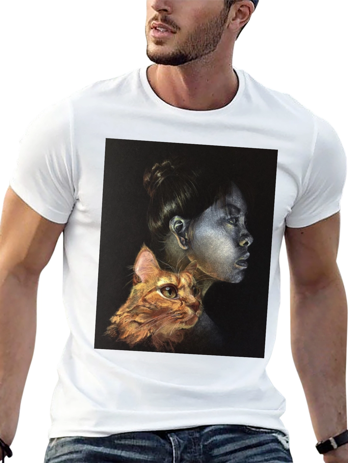 Unique Graphic T-Shirt - Woman and Cat