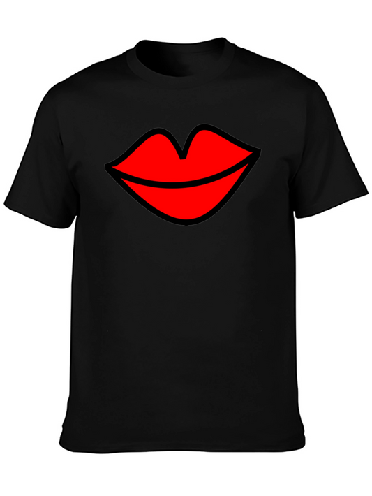 Kiss Lips Graphic Tee - Black Cotton Blend T-Shirt