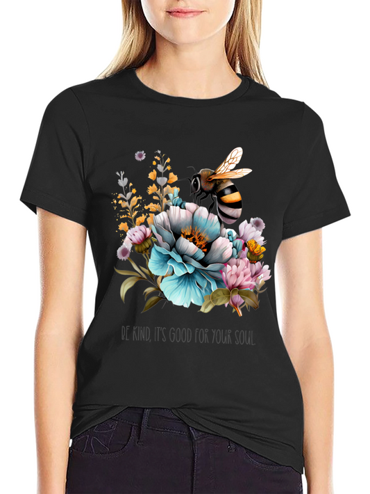 Floral Bee Graphic Tee - Black Cotton Blend