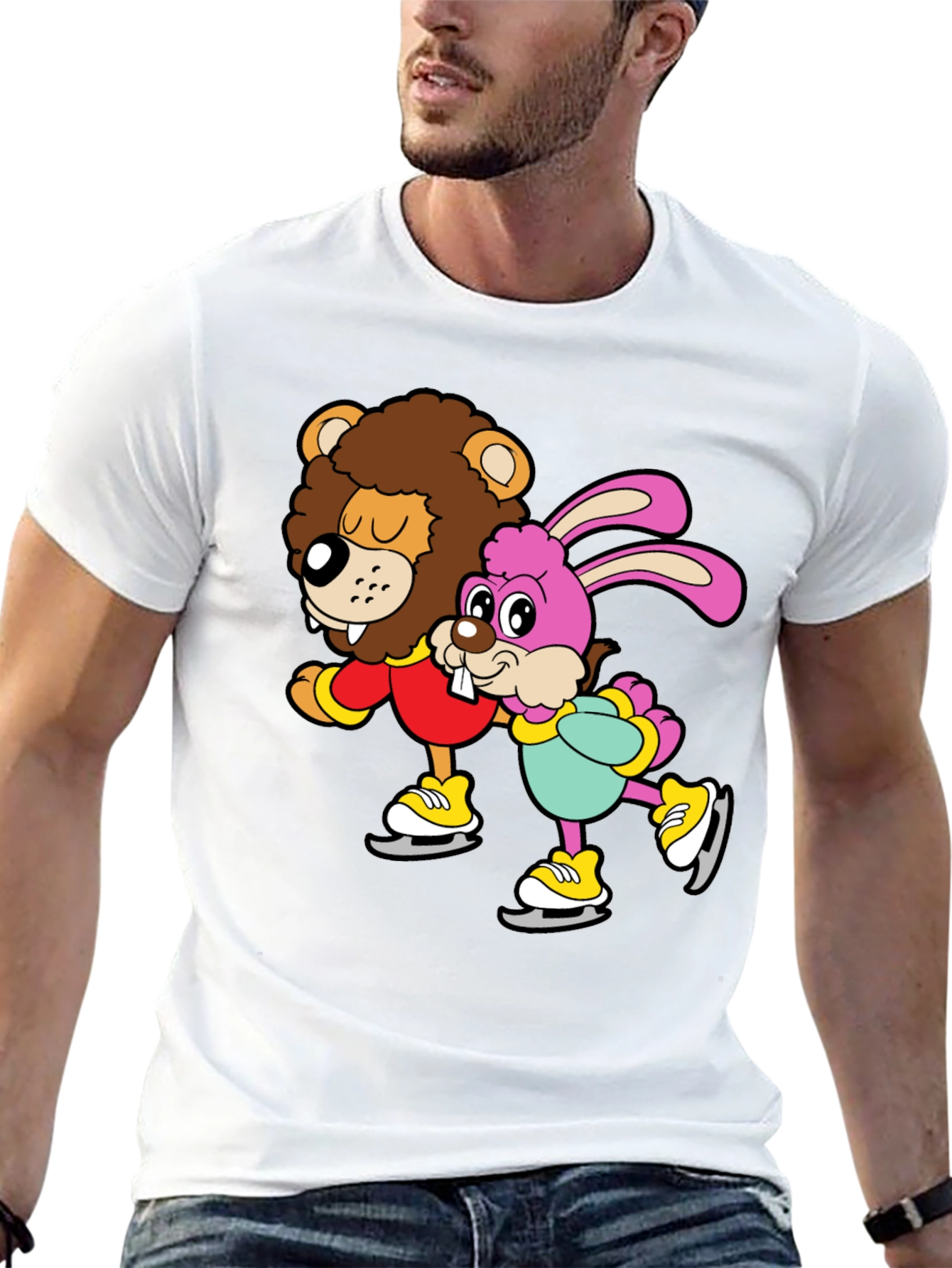 Lion & Bunny Ice Skating Cartoon Graphic T-Shirt