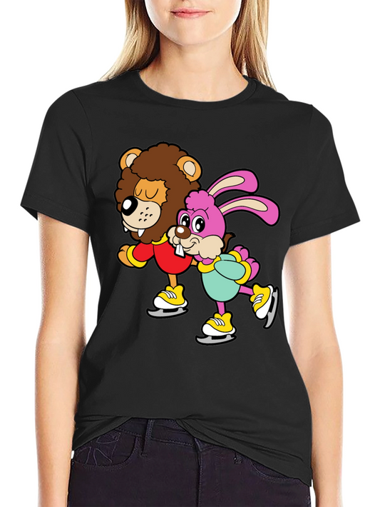 Lion & Bunny Ice Skating Cartoon Graphic T-Shirt