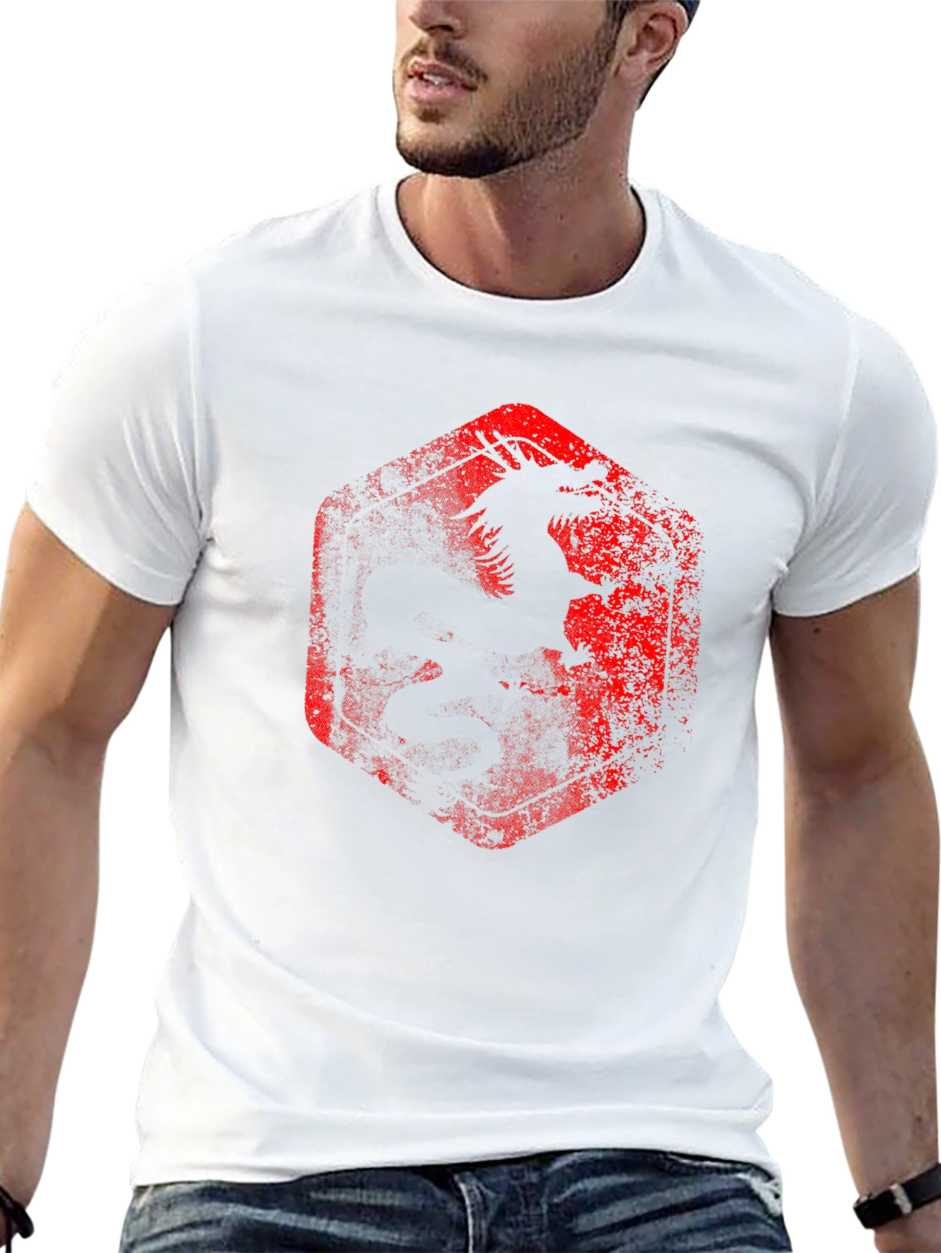Dragon Graphic Tee - Distressed Red Print on Black