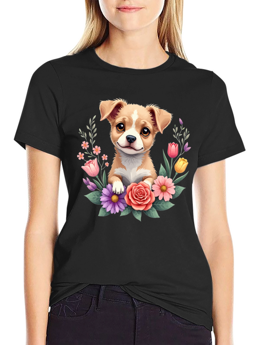 Cute Puppy & Floral Black T-Shirt