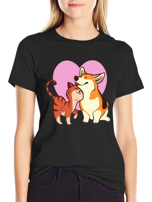 Cute Corgi & Cat Love Graphic Tee
