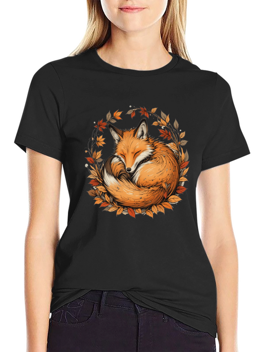 Fox & Foliage Black T-Shirt - Autumnal Design