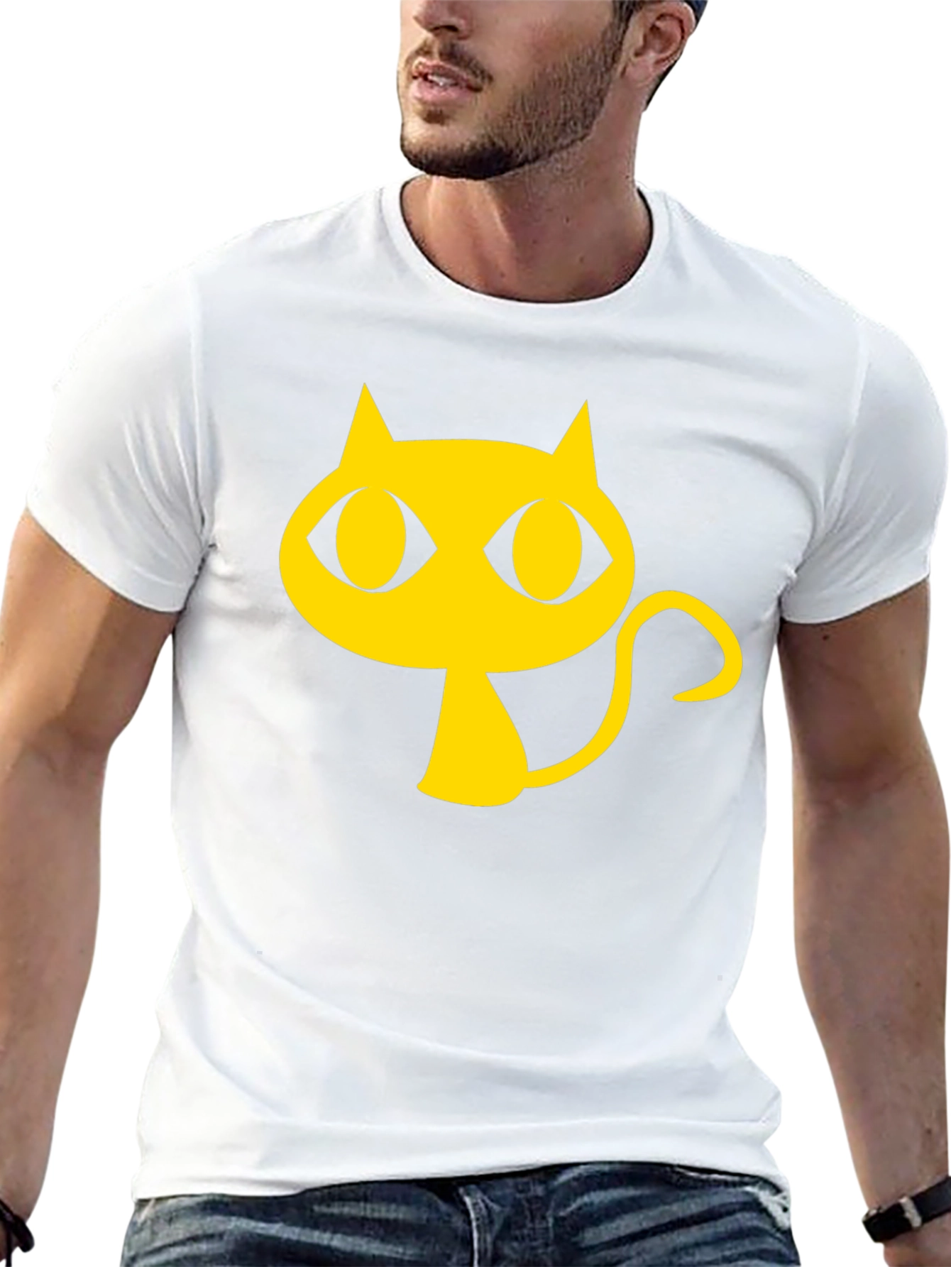 Black T-Shirt with Yellow Cartoon Cat Graphic