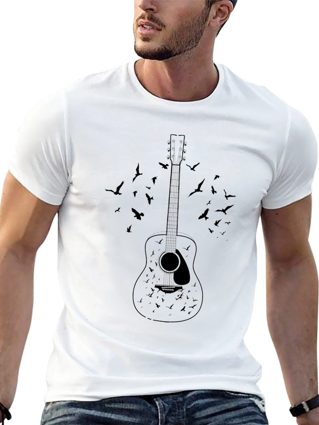 Guitar & Birds Graphic Print T-Shirt