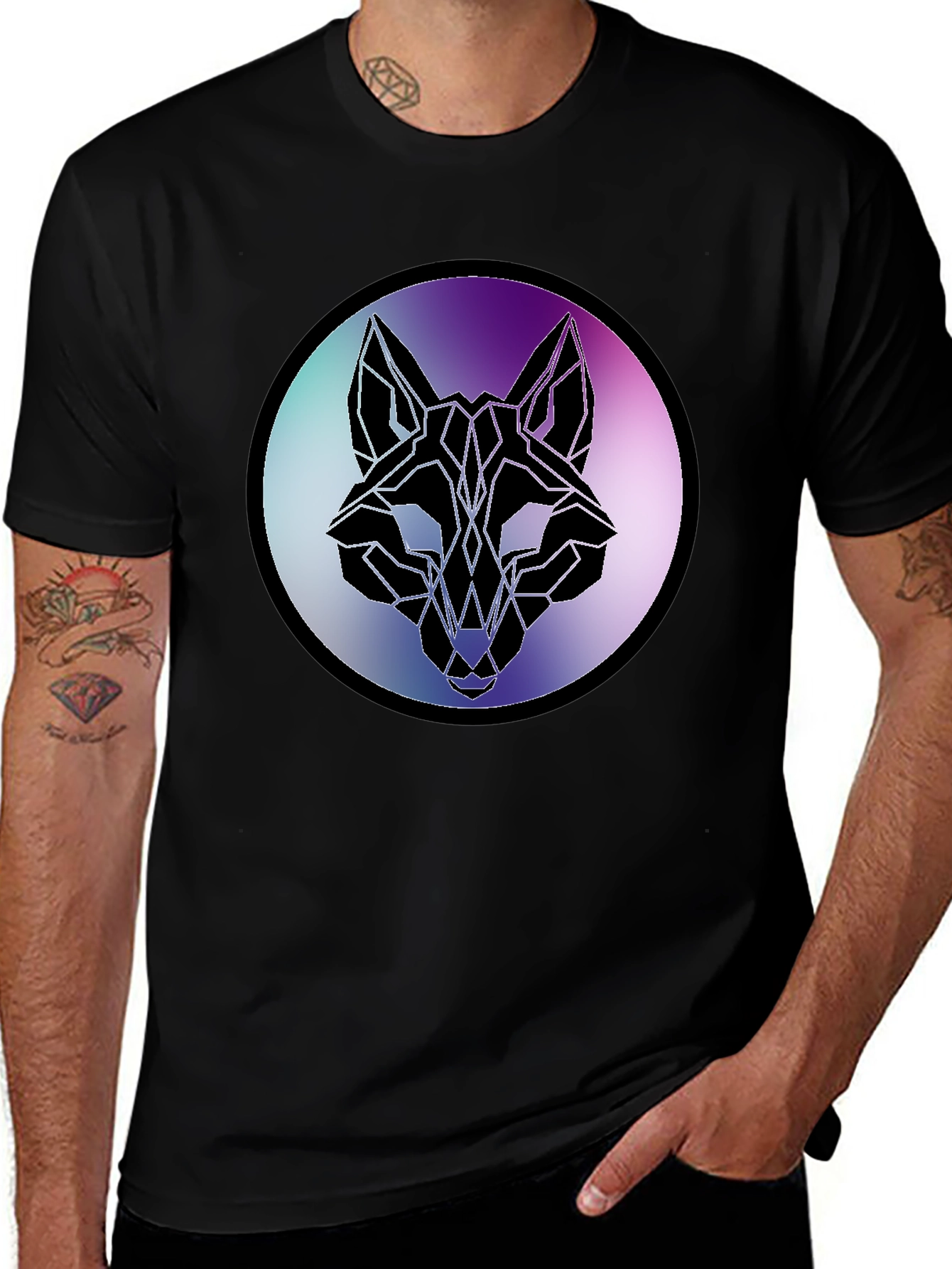 Geometric Wolf Head Graphic Tee - Black