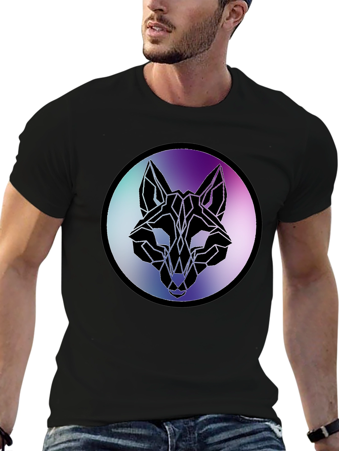 Geometric Wolf Head Graphic Tee - Black