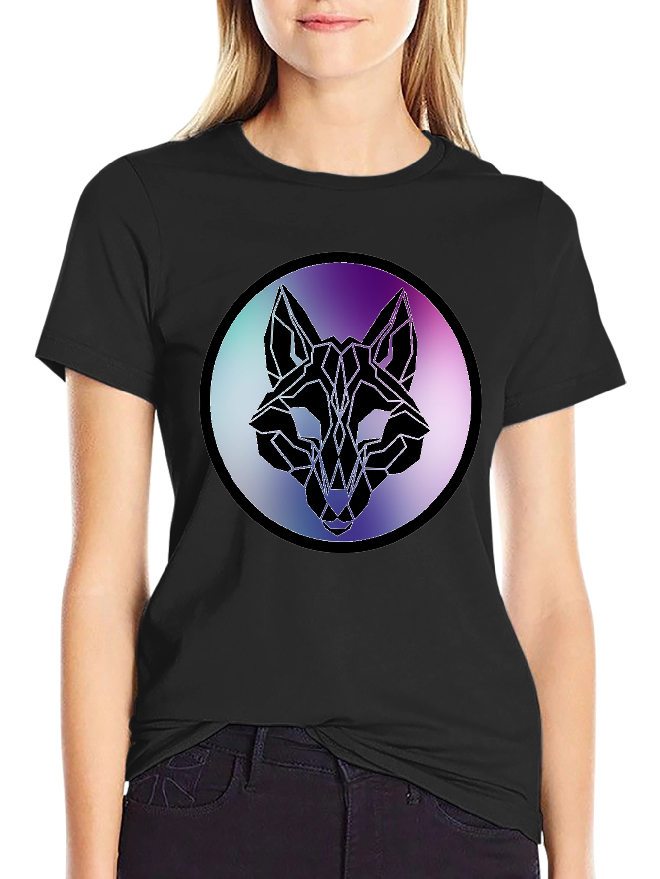 Geometric Wolf Head Graphic Tee - Black