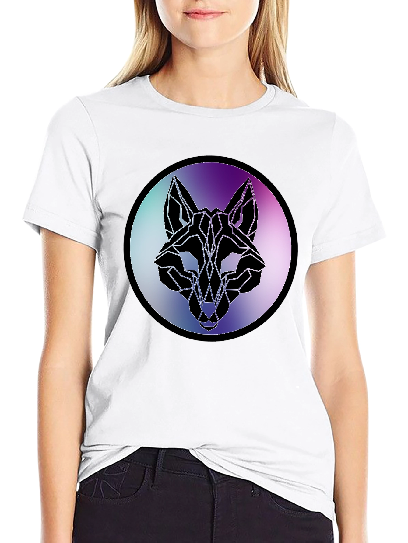 Geometric Wolf Head Graphic Tee - Black