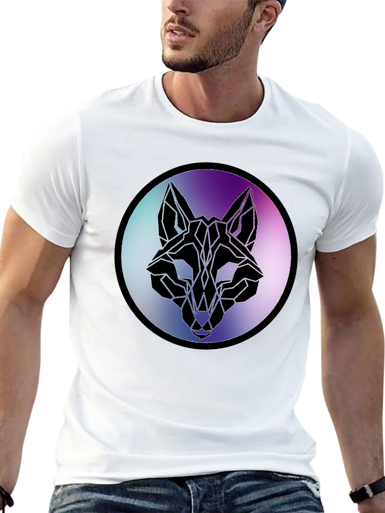 Geometric Wolf Head Graphic Tee - Black