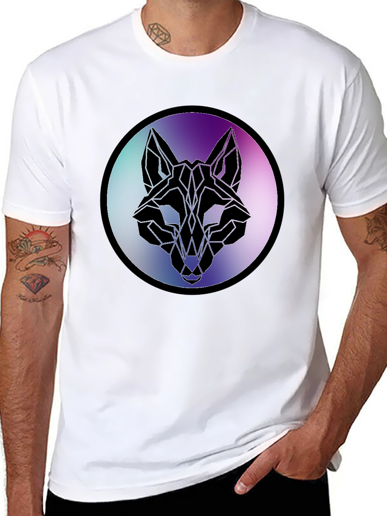 Geometric Wolf Head Graphic Tee - Black