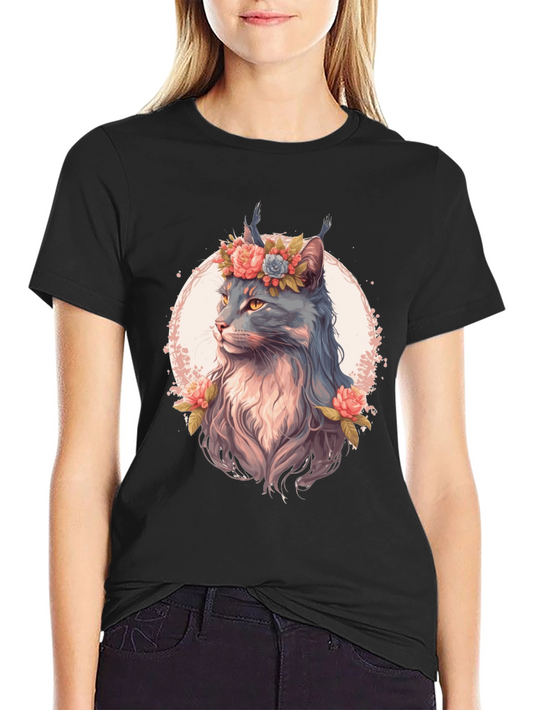 Floral Cat Graphic T-Shirt - Unisex Black Tee
