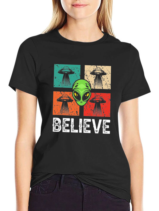 Believe Alien UFO Graphic T-Shirt - Retro Design