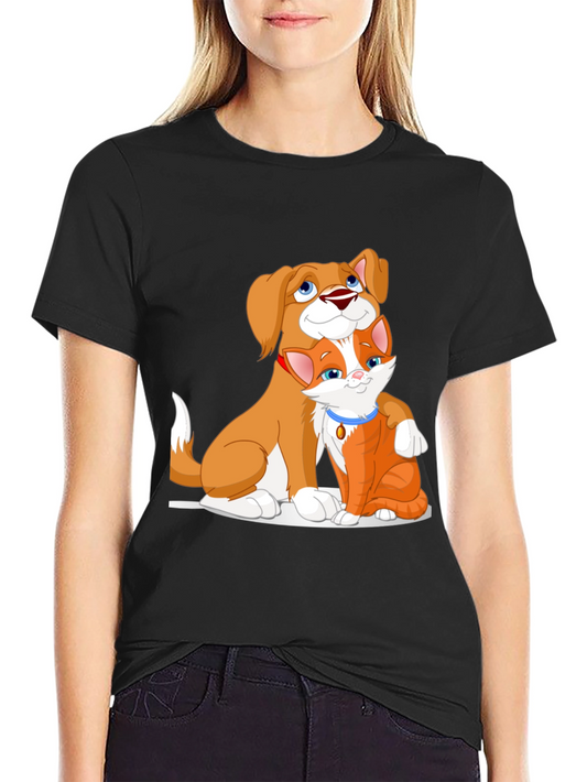 Cute Dog and Cat Cartoon Black T-Shirt