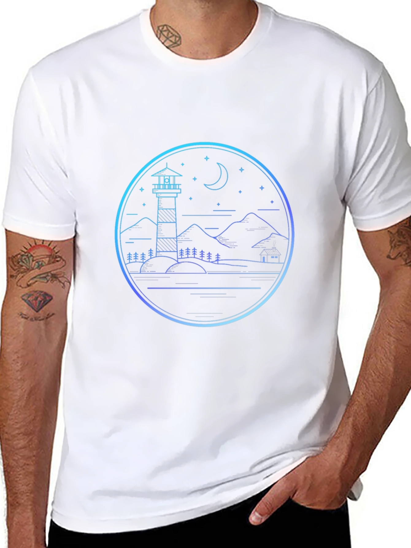Lighthouse Scenic Graphic Print Black T-Shirt