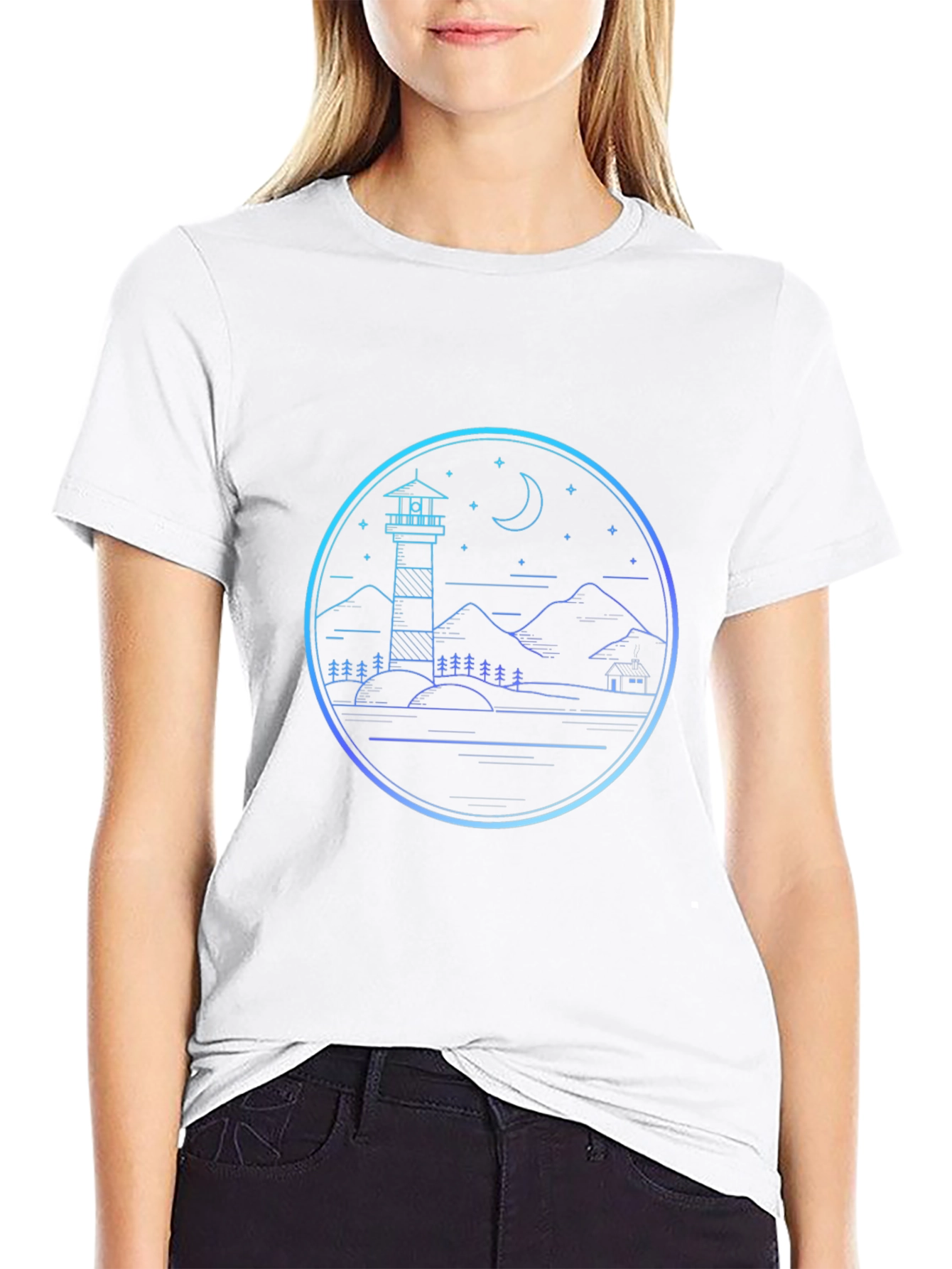 Lighthouse Scenic Graphic Print Black T-Shirt