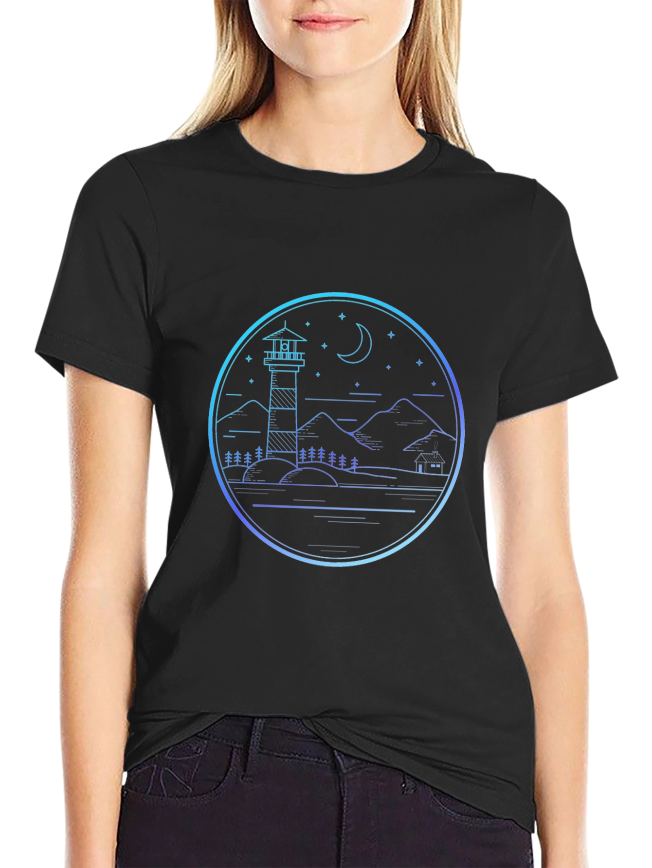 Lighthouse Scenic Graphic Print Black T-Shirt