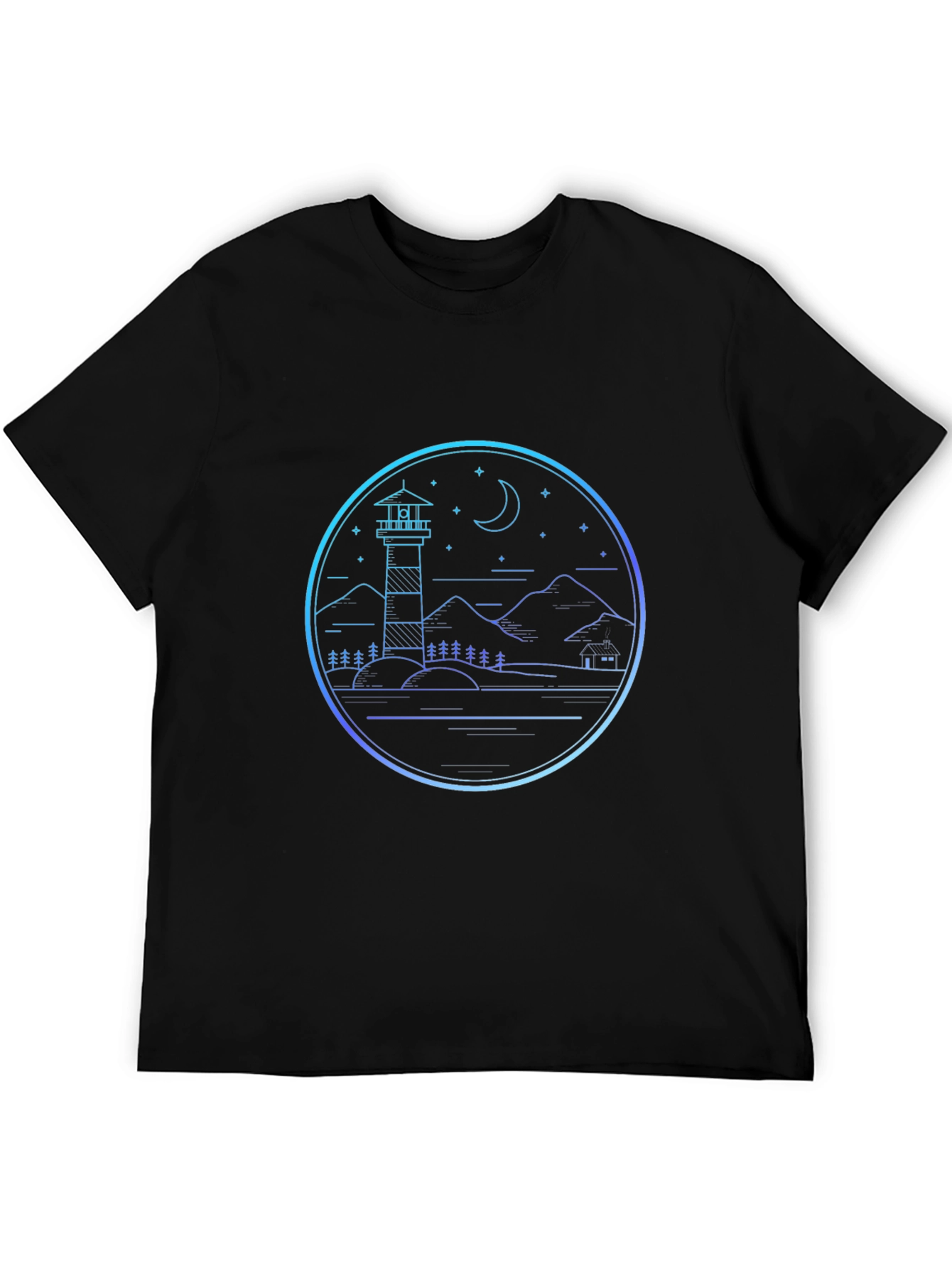 Lighthouse Scenic Graphic Print Black T-Shirt