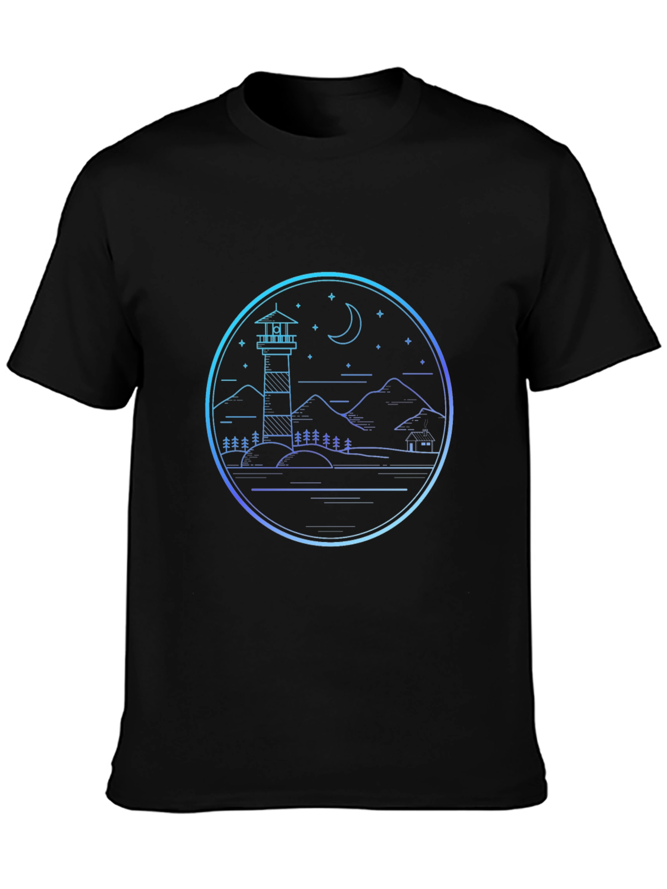 Lighthouse Scenic Graphic Print Black T-Shirt