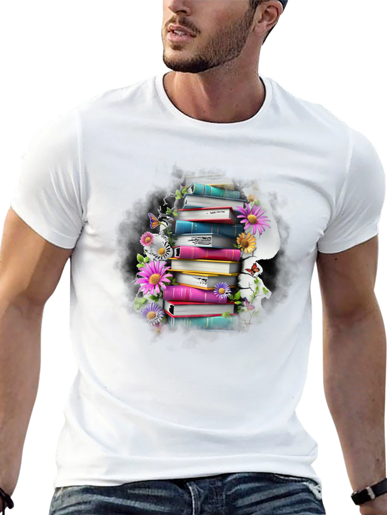 Book Stack & Flowers Graphic Tee - Reading Lover