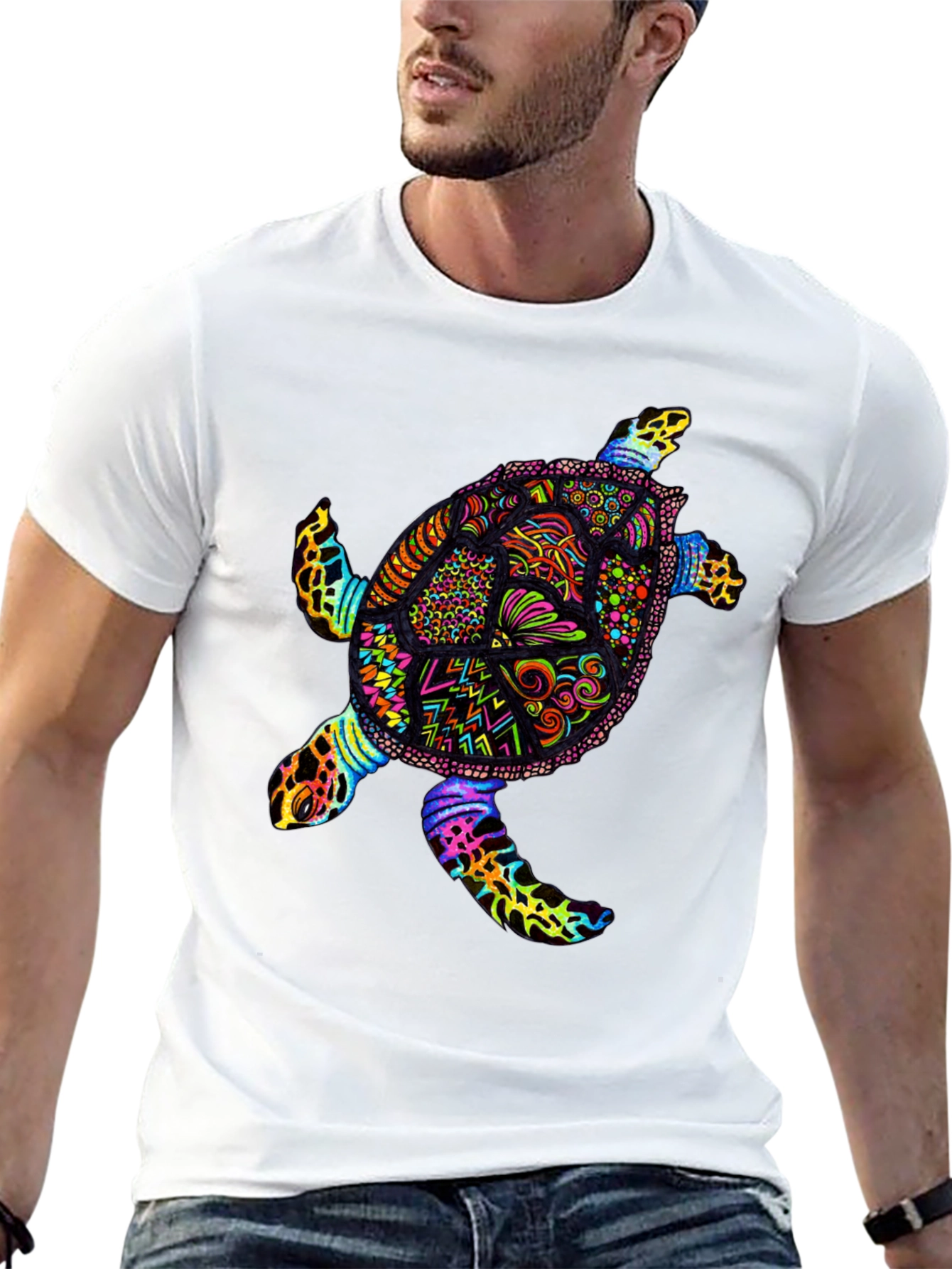 Vibrant Sea Turtle Graphic Tee - Black Cotton T-Shirt