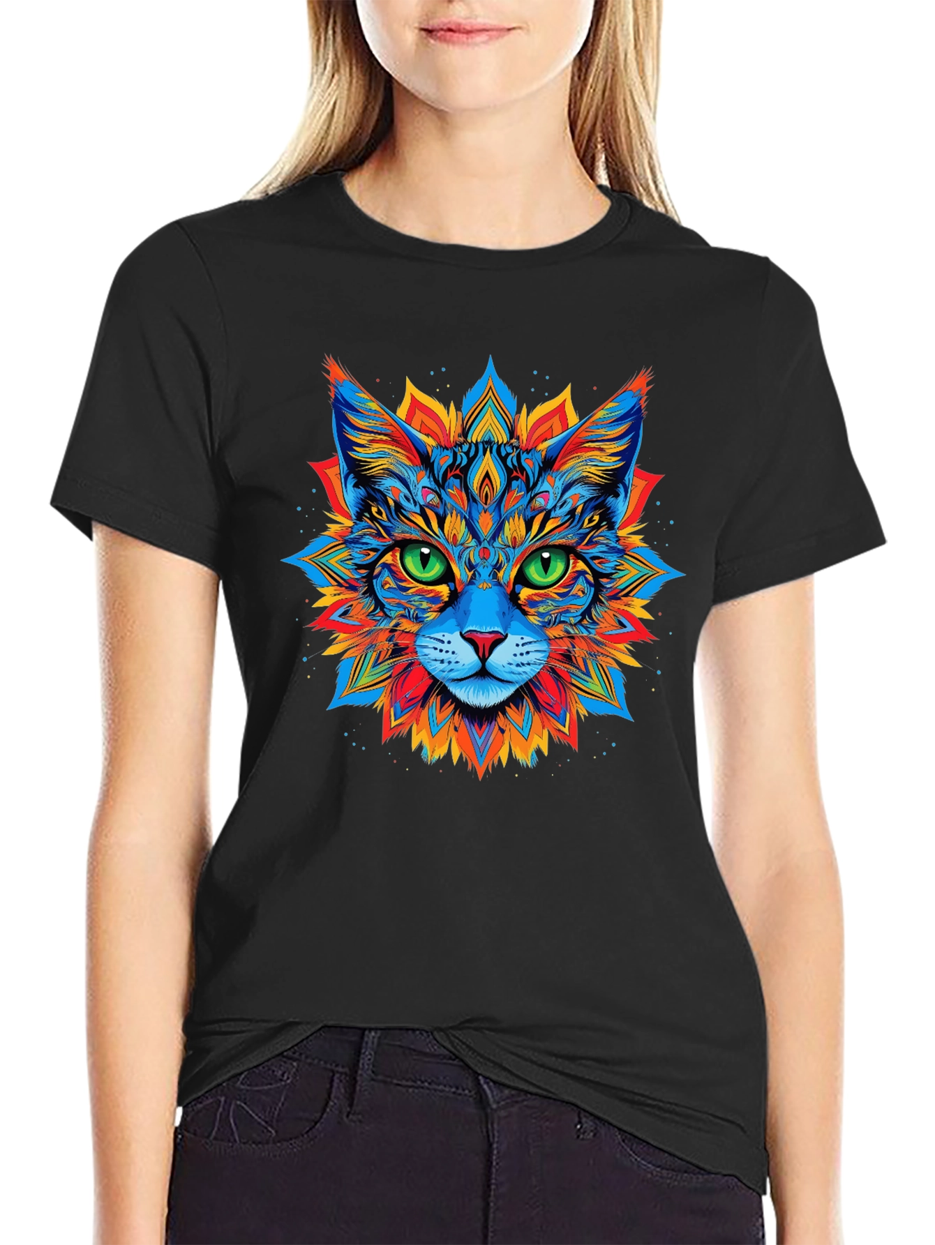Psychedelic Cat Graphic Tee - Black T-Shirt