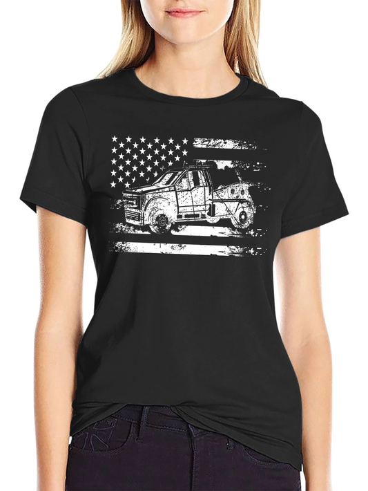 American Flag Tow Truck Black T-Shirt