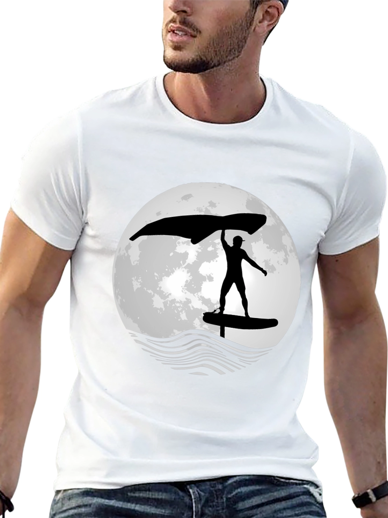 Wing Foiling T-Shirt - Moon Graphic - Black