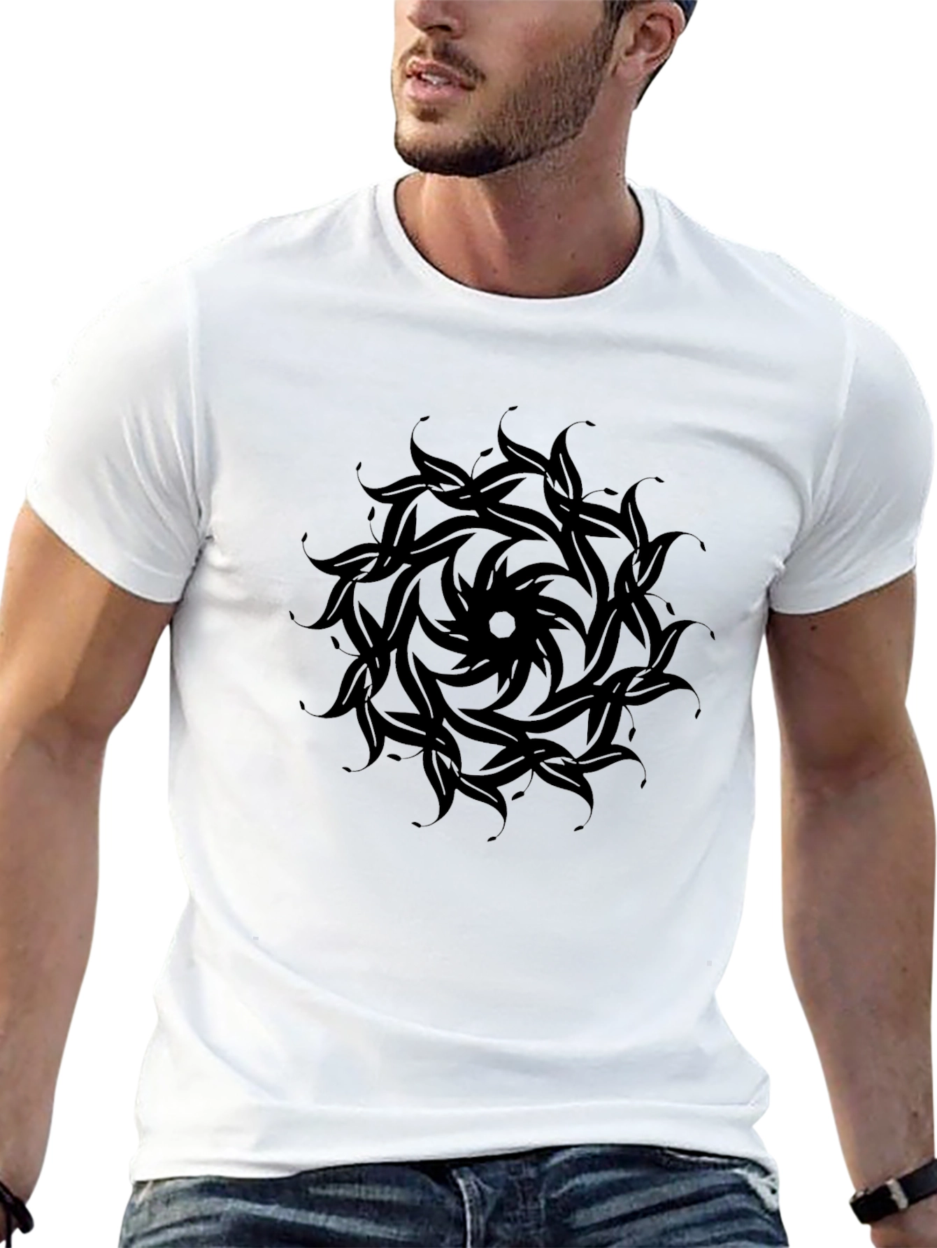 Mens Black Tee with Circular Leaf Design