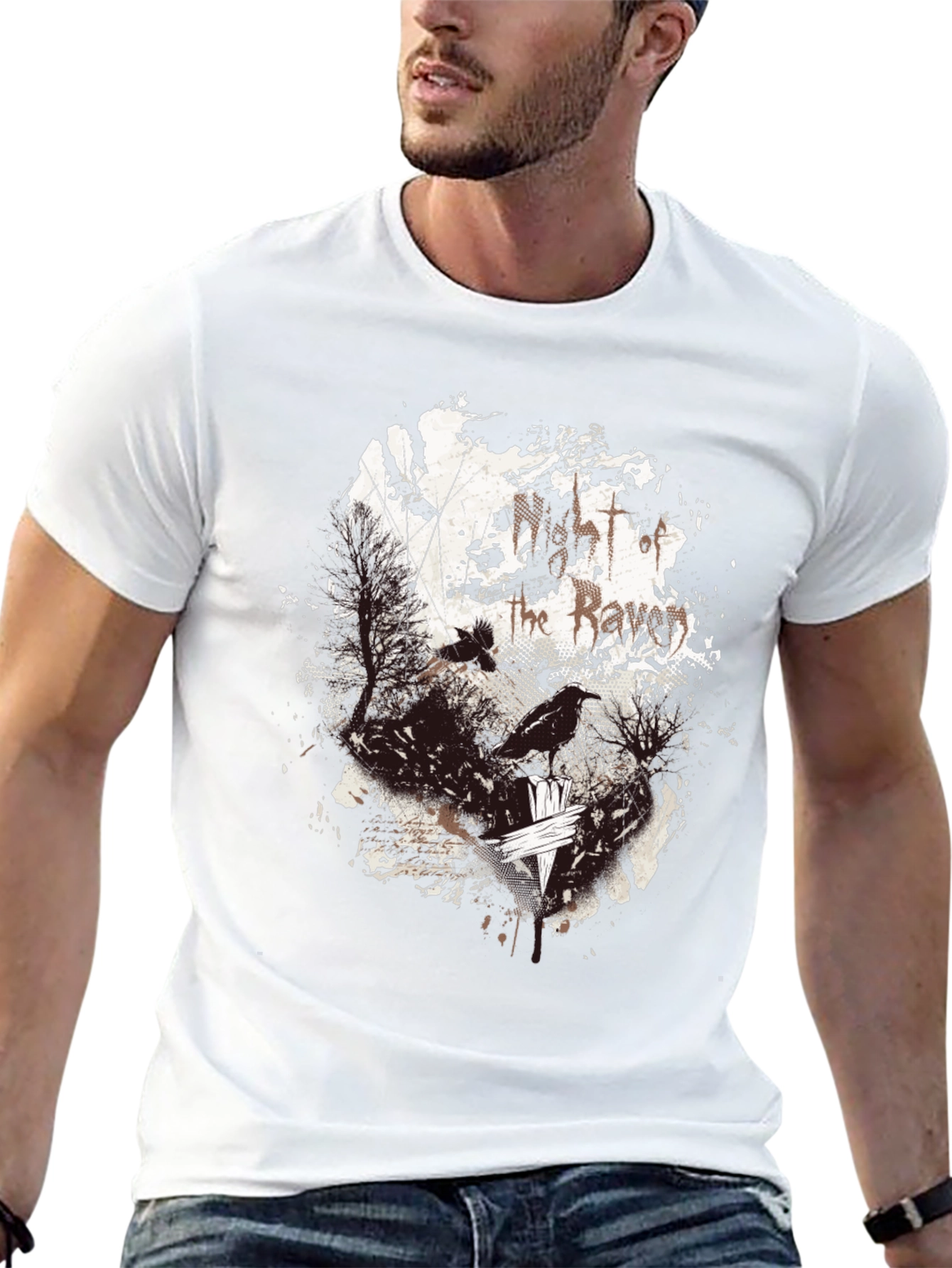 Raven Print Graphic Tee - Black