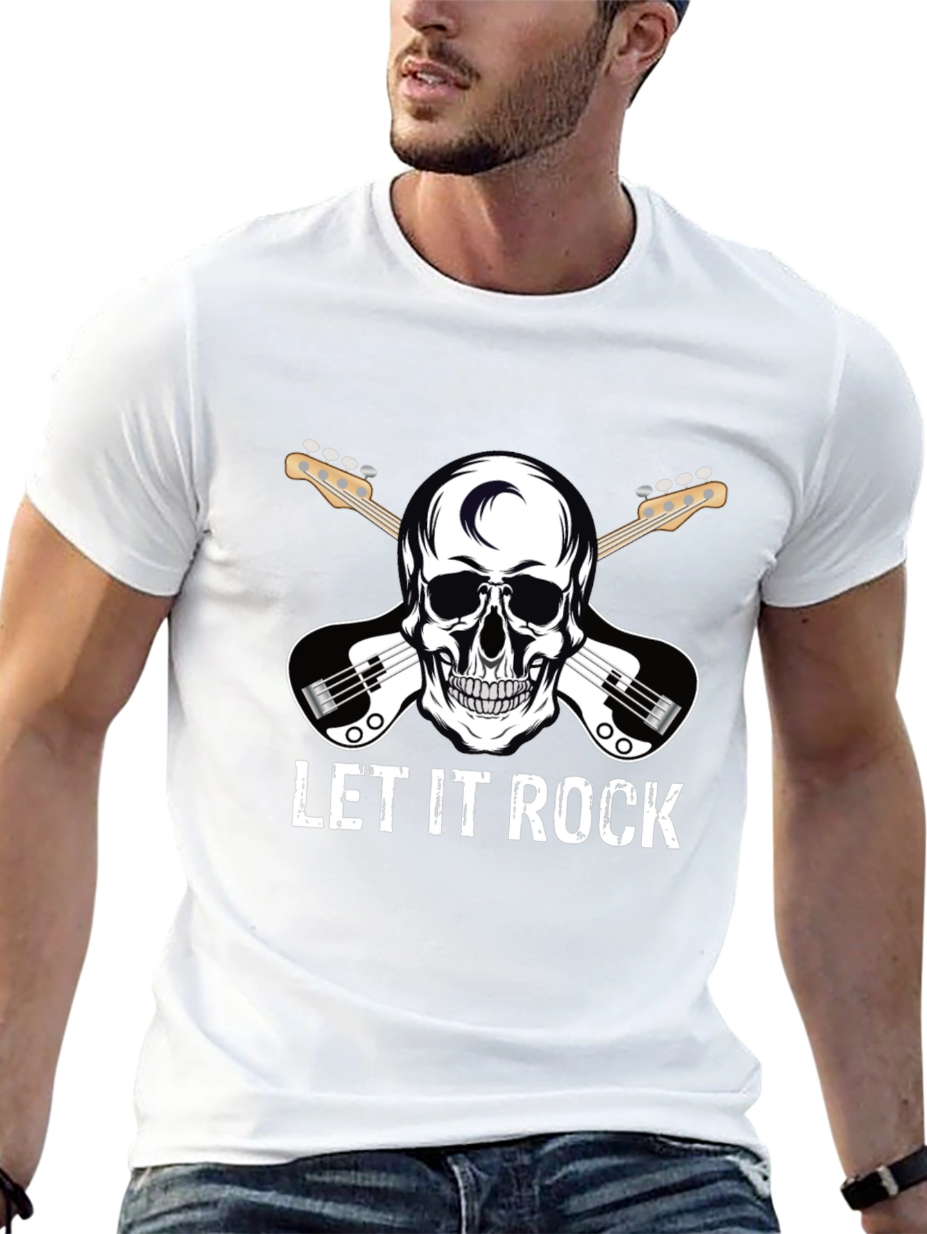 Let It Rock Skull Guitar Graphic T-Shirt
