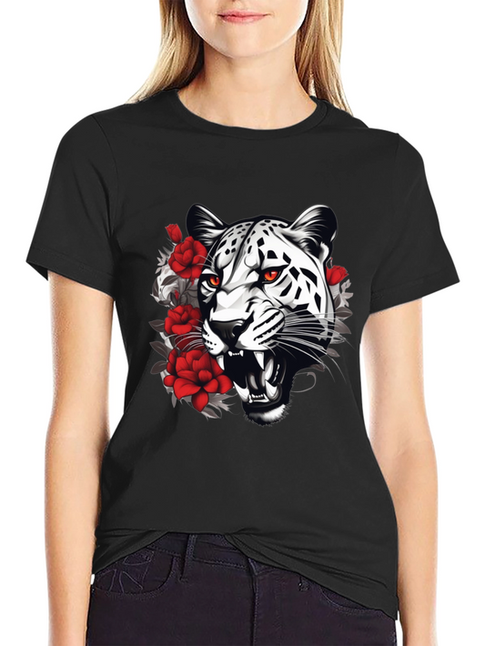 Leopard & Roses Graphic Print Black T-Shirt