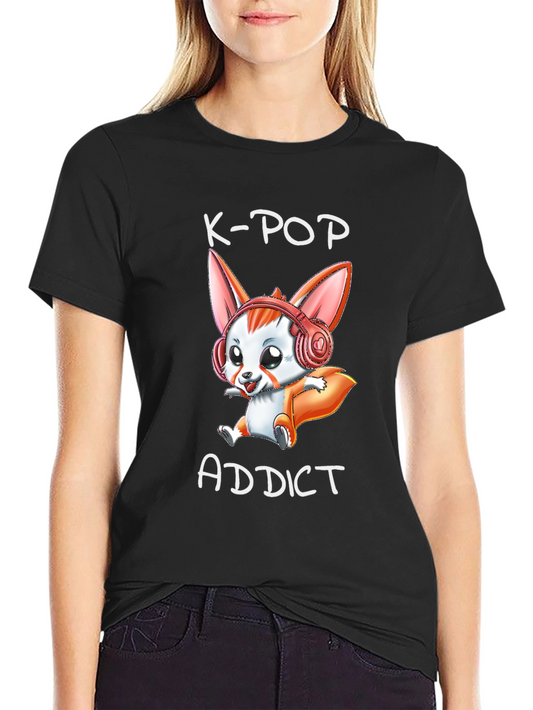 K-Pop Addict T-Shirt with Cute Cartoon Fox Design