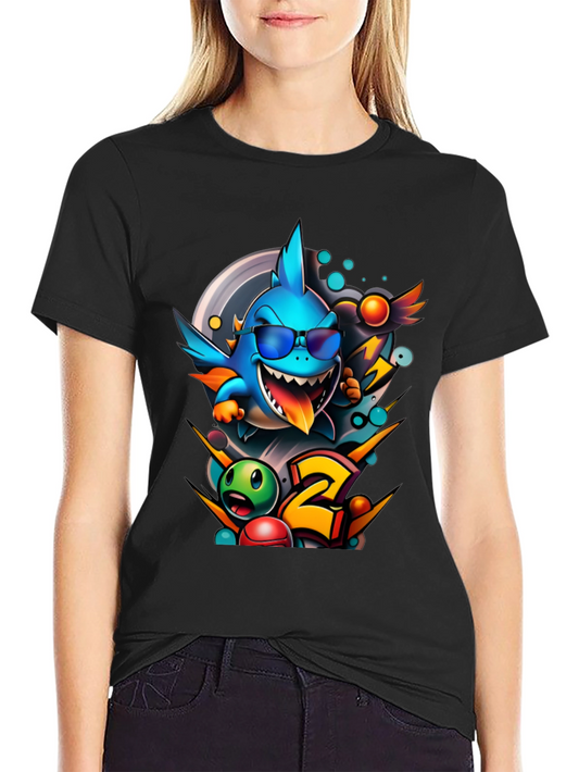 Cool Shark Cartoon Graphic Print T-Shirt