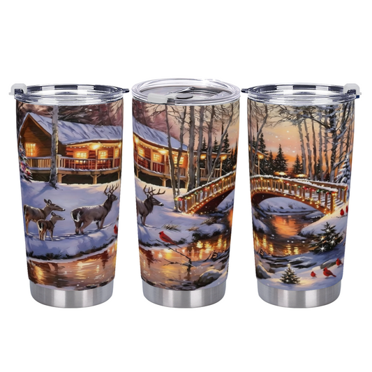 Snowy Winter Log Cabin Wild Deer Forest 20oz Tumbler