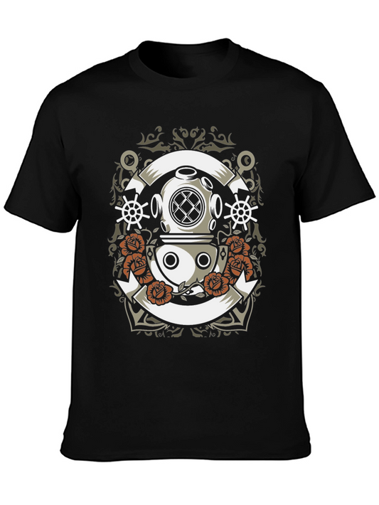 Diver Helmet & Roses Graphic Tee - Black