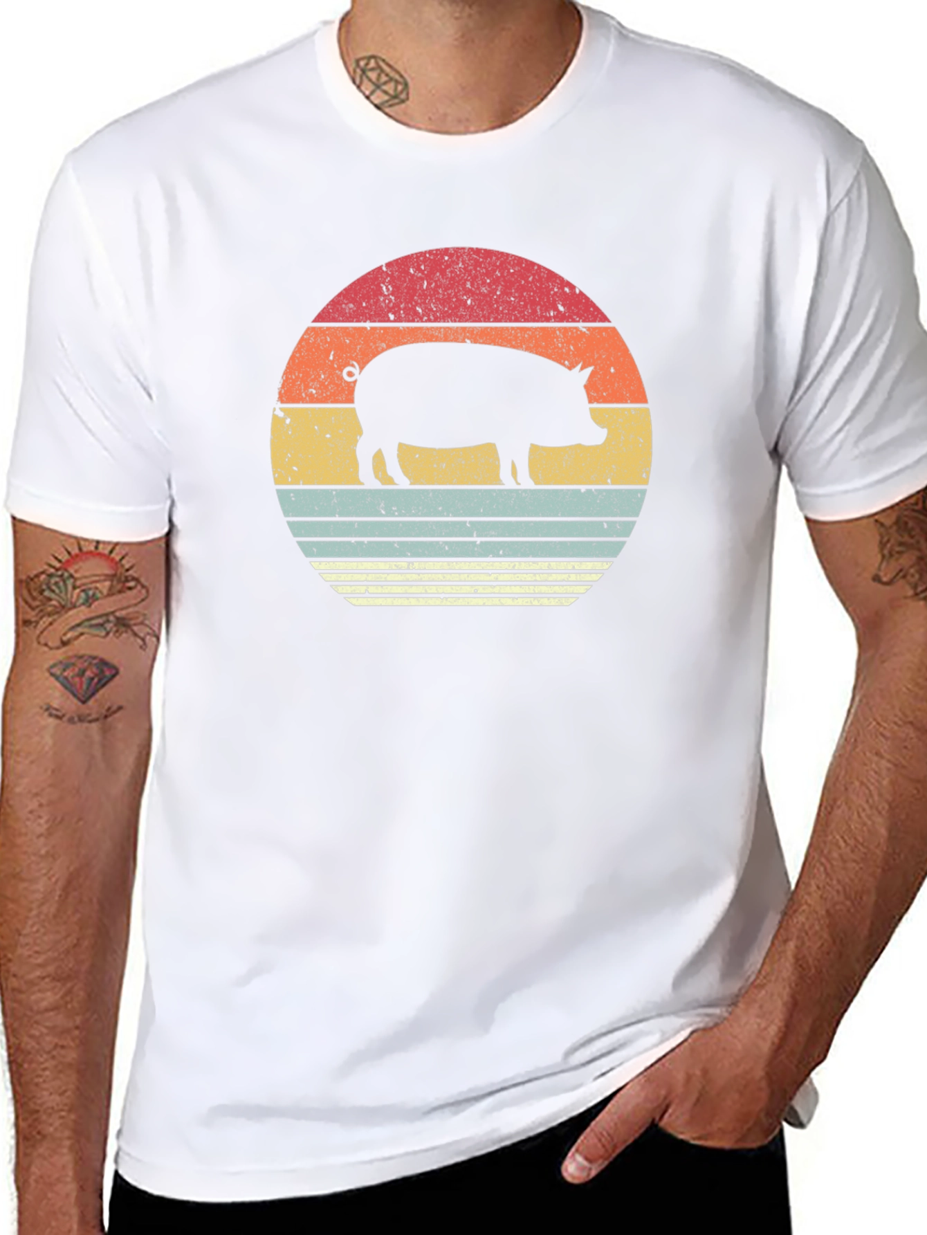 Retro Pig Sunset Graphic T-Shirt - Black
