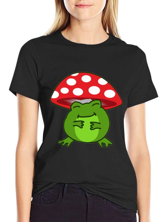 Frog Under Mushroom T-Shirt - Black Cotton Tee