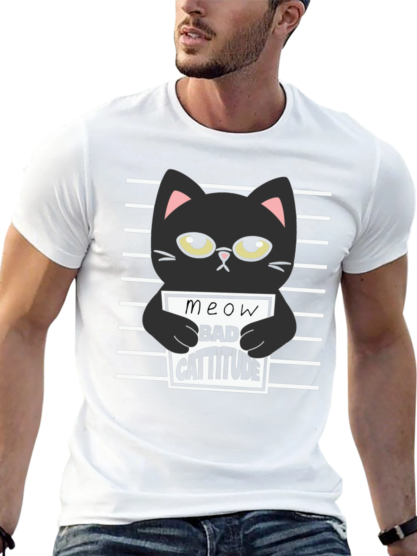 Black Cat Meow Bad Cattitude Graphic T-Shirt