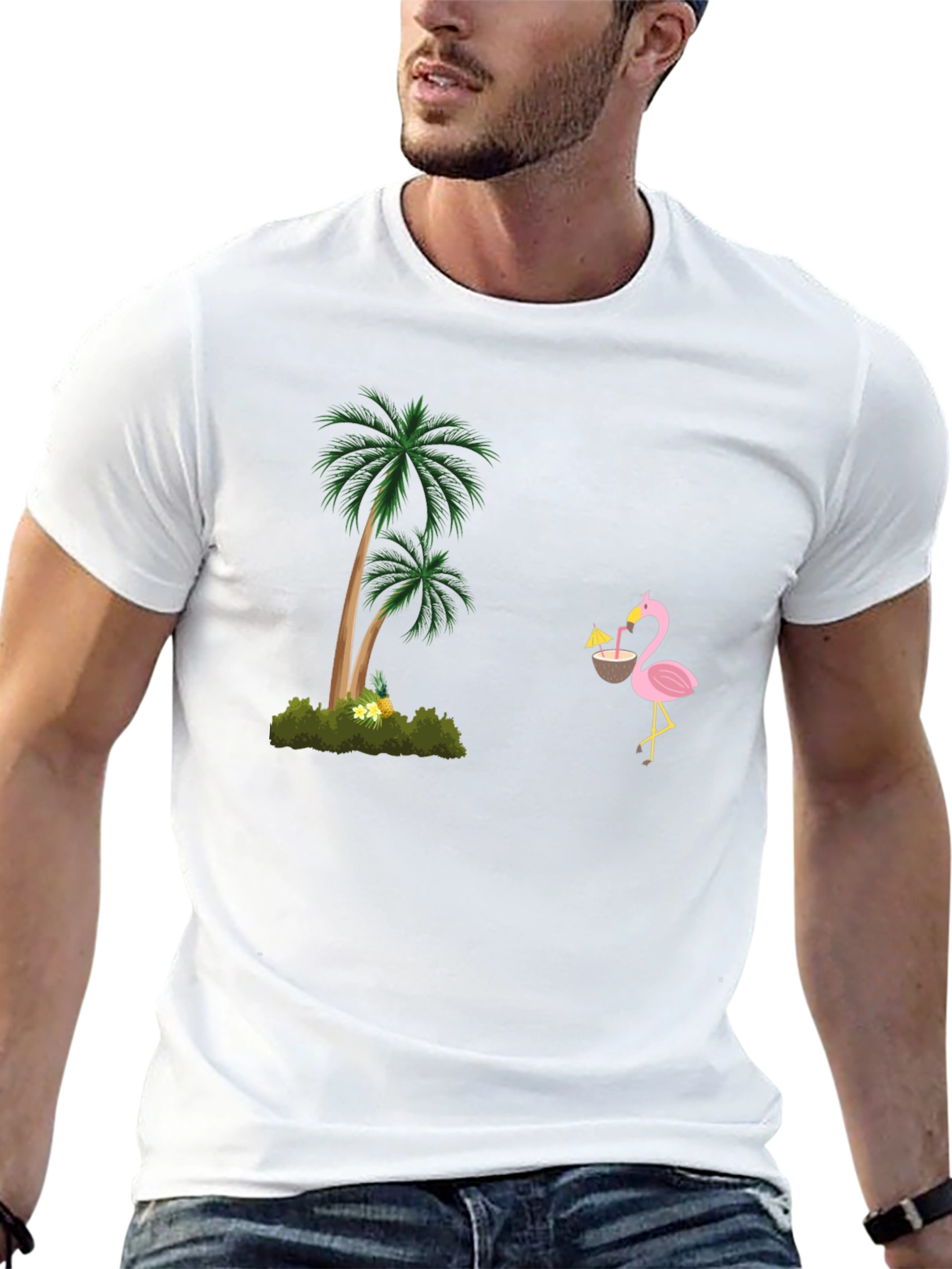 Tropical Vibes Black T-Shirt: Flamingo & Palm Tree Design