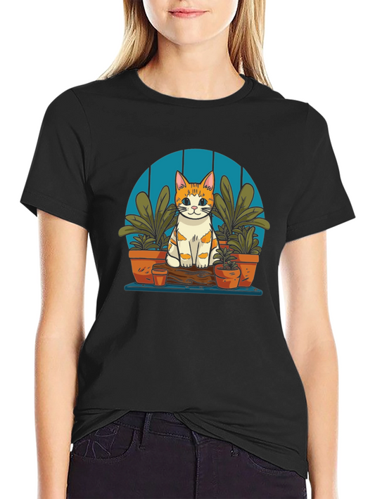 Cute Cat in Garden Black T-Shirt