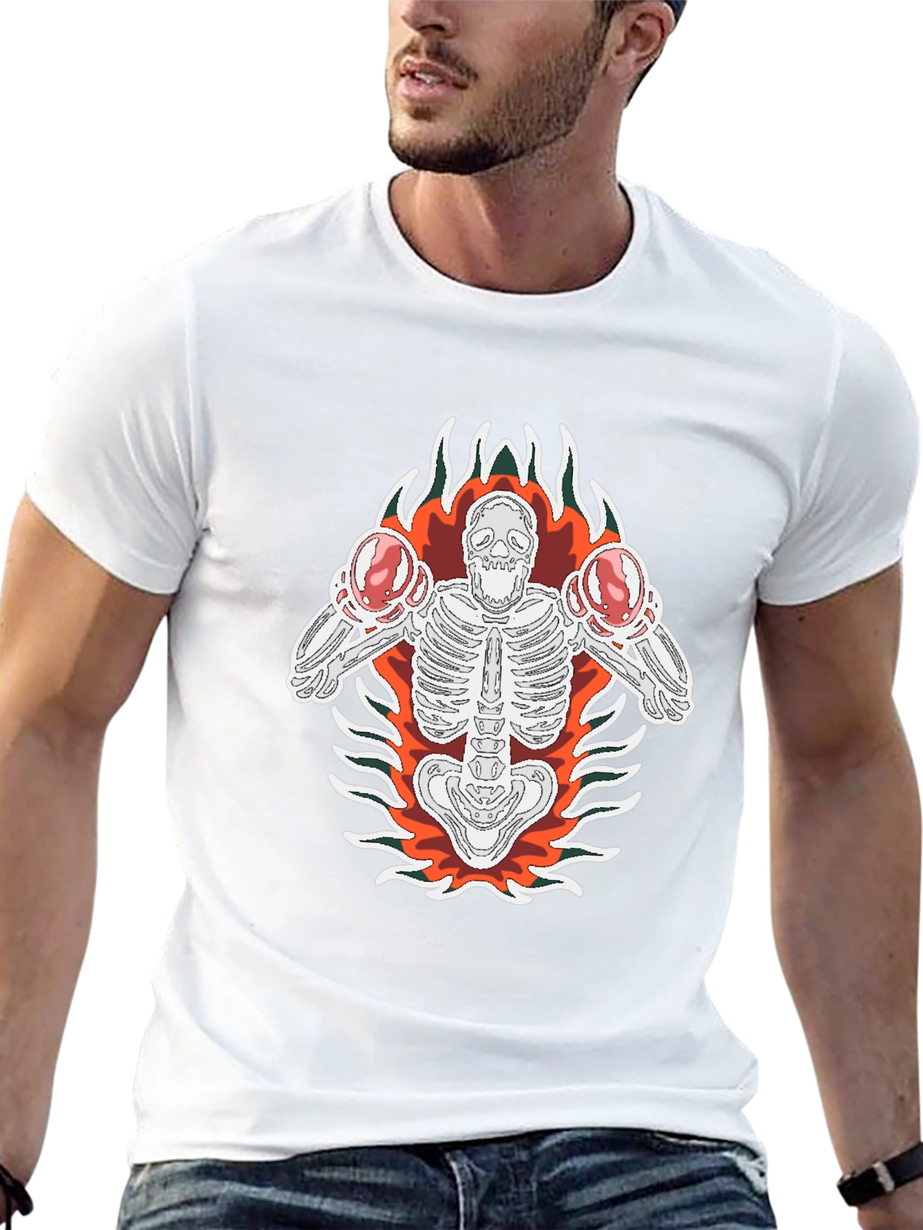 Skeleton Boxer Graphic Tee - Black Cotton T-Shirt